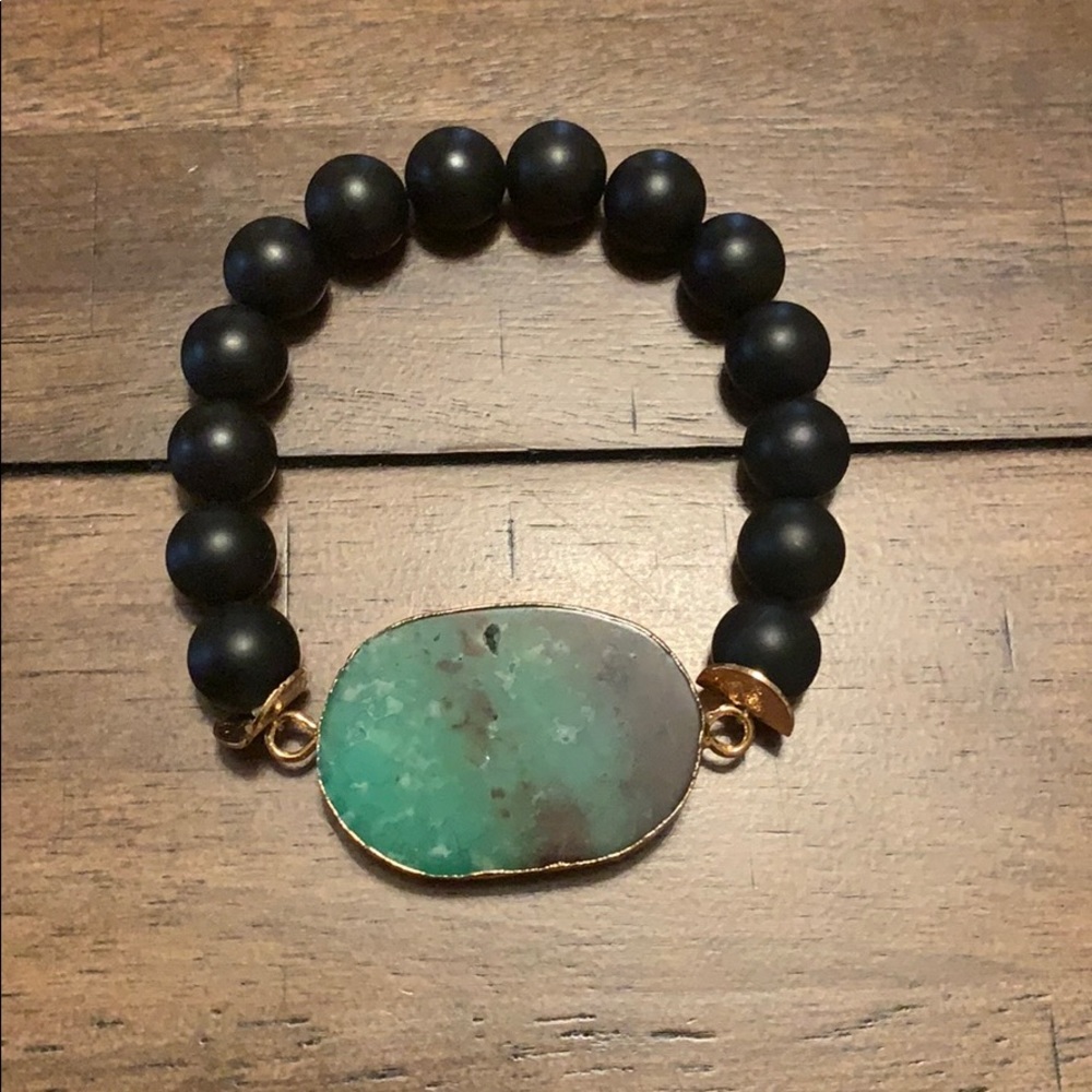 Black Beaded Stretch Bracelet with Green Stone